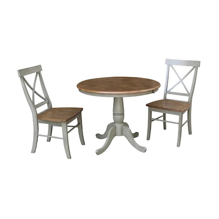 International Concepts Round 36 in Rd Extension Dining Table, 2 X-back Chairs, Hickory/Stone, 36 W, 48 L, 29.3 in H, Wood K41-36RXT-C613-2